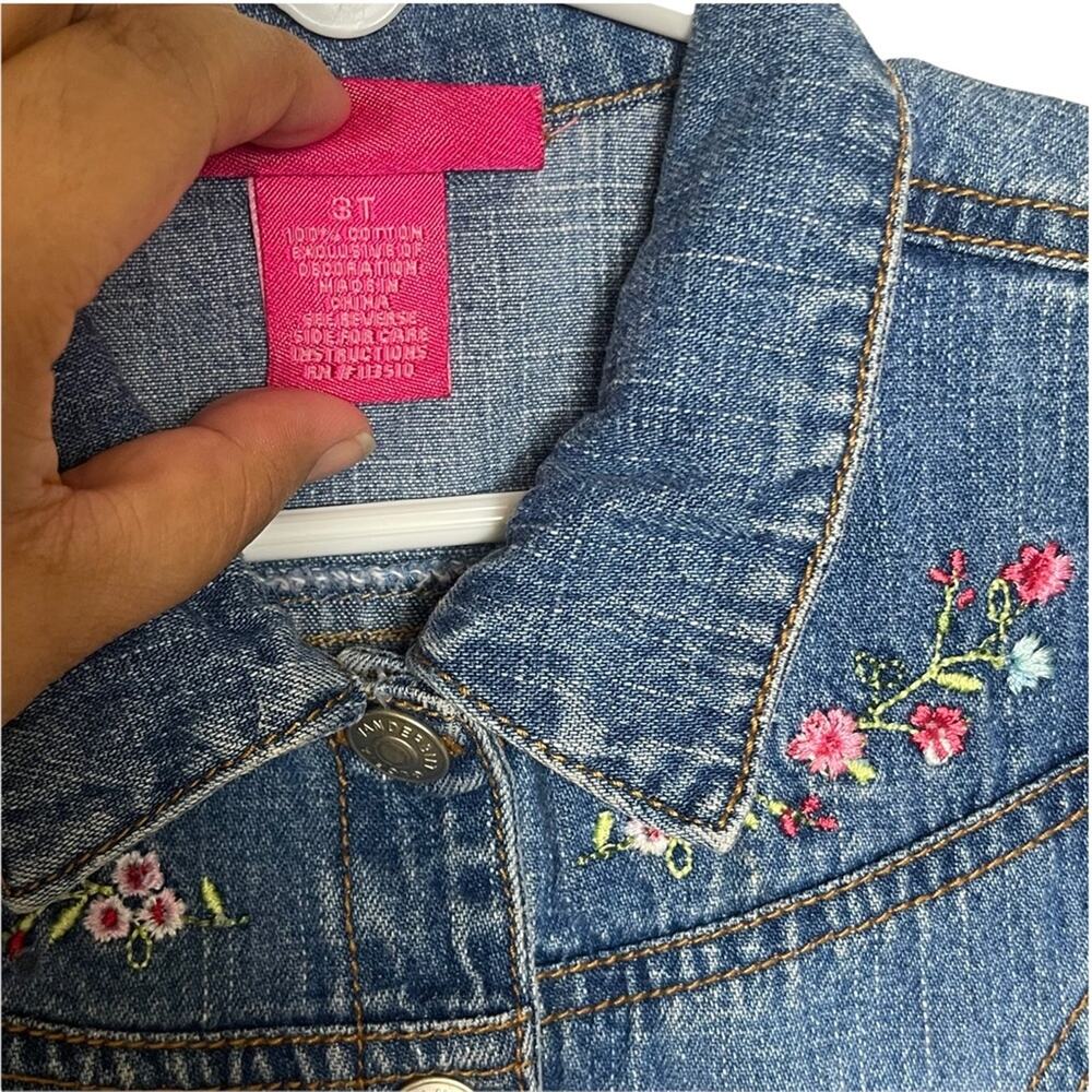 GLO Jeans Short Sleeve Collared Denim Jacket with Floral Trim Blue Multi Size 3T - Picture 4 of 8